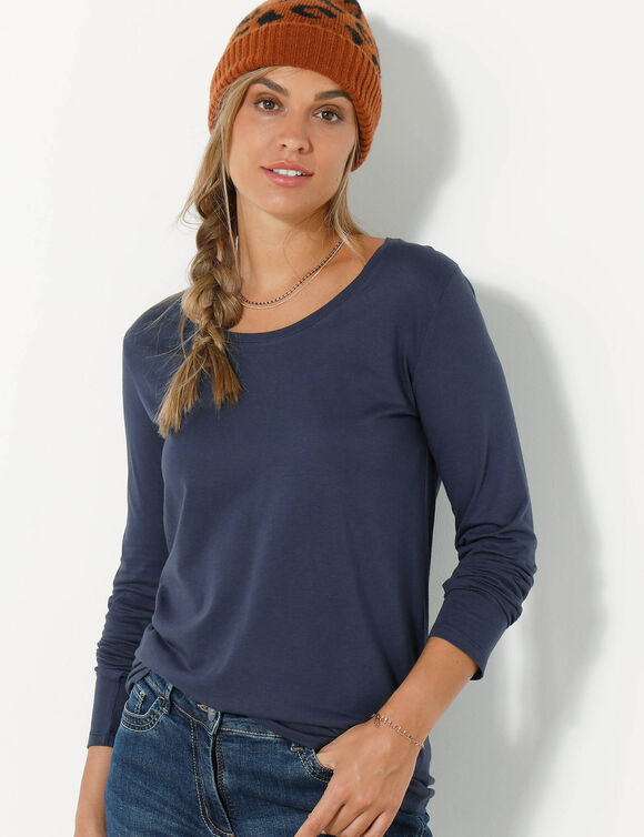 T-shirt col rond manches longues uni (marine) T-shirt col rond manches longues uni (marine)